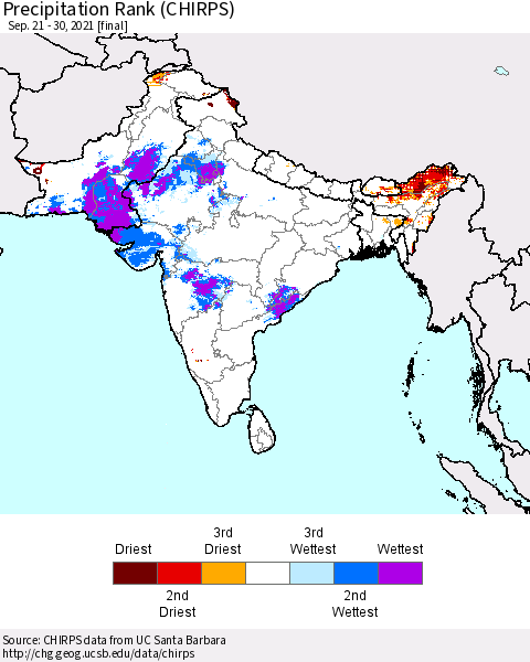 Southern Asia Precipitation Rank (CHIRPS) Thematic Map For 9/21/2021 - 9/30/2021