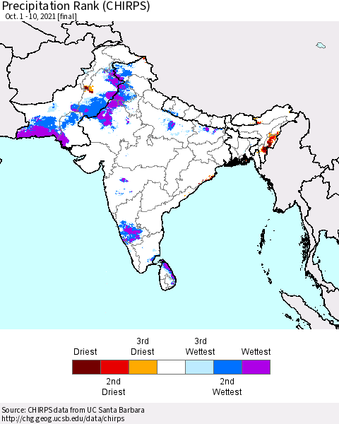 Southern Asia Precipitation Rank (CHIRPS) Thematic Map For 10/1/2021 - 10/10/2021