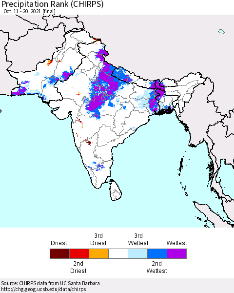 Southern Asia Precipitation Rank (CHIRPS) Thematic Map For 10/11/2021 - 10/20/2021