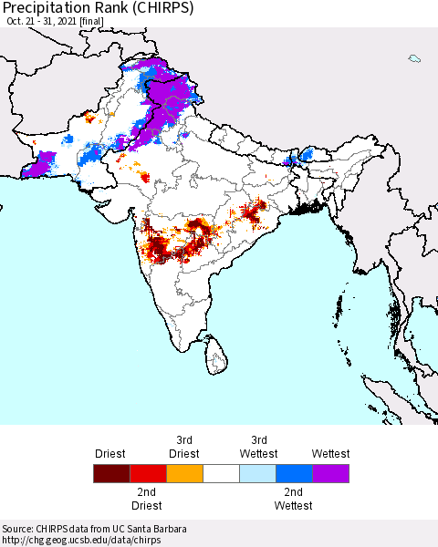 Southern Asia Precipitation Rank (CHIRPS) Thematic Map For 10/21/2021 - 10/31/2021