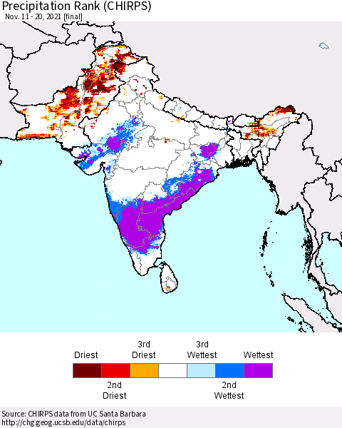 Southern Asia Precipitation Rank (CHIRPS) Thematic Map For 11/11/2021 - 11/20/2021