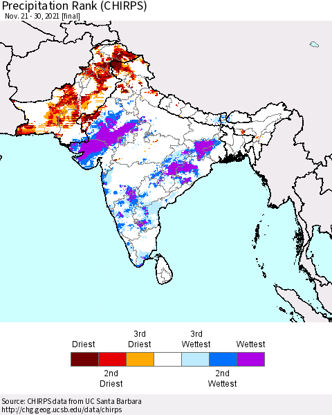 Southern Asia Precipitation Rank (CHIRPS) Thematic Map For 11/21/2021 - 11/30/2021