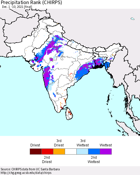 Southern Asia Precipitation Rank (CHIRPS) Thematic Map For 12/1/2021 - 12/10/2021