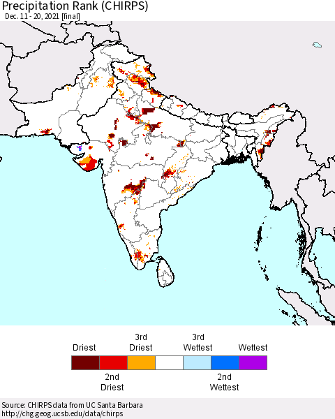 Southern Asia Precipitation Rank (CHIRPS) Thematic Map For 12/11/2021 - 12/20/2021