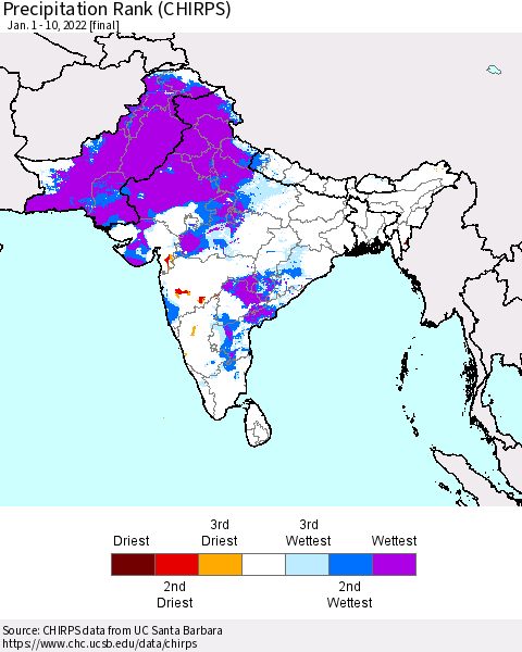Southern Asia Precipitation Rank since 1981 (CHIRPS) Thematic Map For 1/1/2022 - 1/10/2022