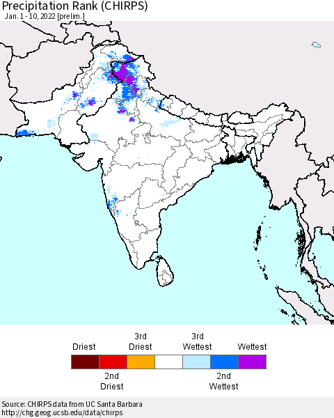 Southern Asia Precipitation Rank (CHIRPS) Thematic Map For 1/1/2022 - 1/10/2022