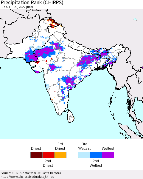 Southern Asia Precipitation Rank since 1981 (CHIRPS) Thematic Map For 1/11/2022 - 1/20/2022