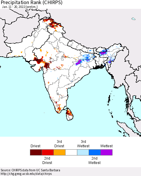 Southern Asia Precipitation Rank (CHIRPS) Thematic Map For 1/11/2022 - 1/20/2022