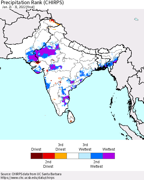 Southern Asia Precipitation Rank since 1981 (CHIRPS) Thematic Map For 1/21/2022 - 1/31/2022