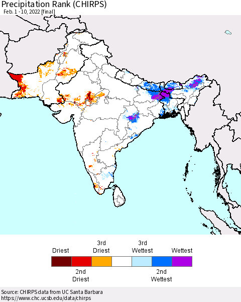 Southern Asia Precipitation Rank since 1981 (CHIRPS) Thematic Map For 2/1/2022 - 2/10/2022