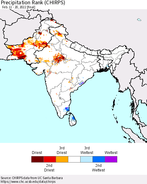 Southern Asia Precipitation Rank since 1981 (CHIRPS) Thematic Map For 2/11/2022 - 2/20/2022
