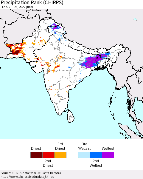 Southern Asia Precipitation Rank since 1981 (CHIRPS) Thematic Map For 2/21/2022 - 2/28/2022