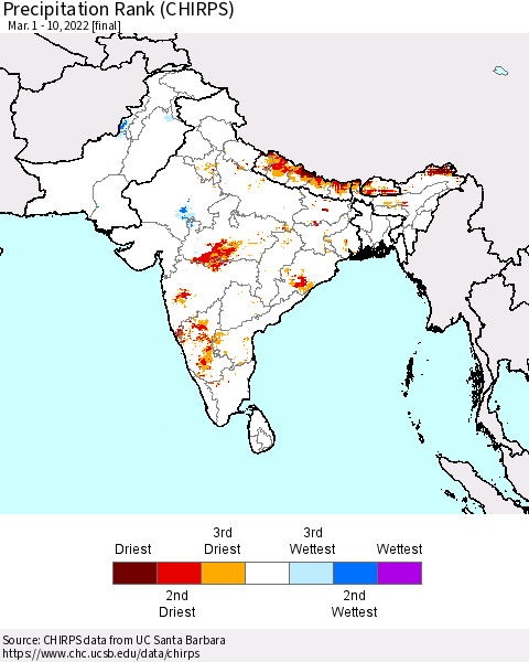 Southern Asia Precipitation Rank since 1981 (CHIRPS) Thematic Map For 3/1/2022 - 3/10/2022