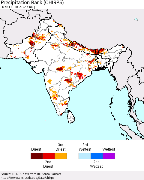 Southern Asia Precipitation Rank since 1981 (CHIRPS) Thematic Map For 3/11/2022 - 3/20/2022