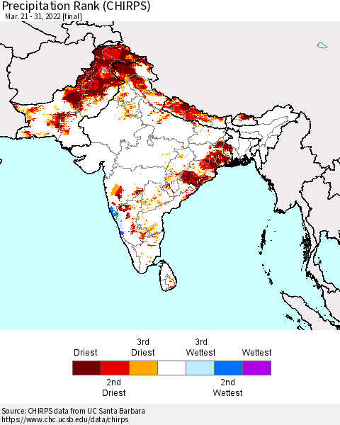 Southern Asia Precipitation Rank since 1981 (CHIRPS) Thematic Map For 3/21/2022 - 3/31/2022