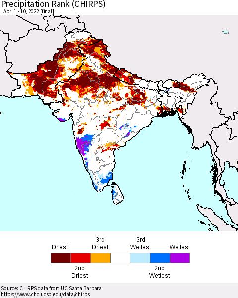 Southern Asia Precipitation Rank since 1981 (CHIRPS) Thematic Map For 4/1/2022 - 4/10/2022