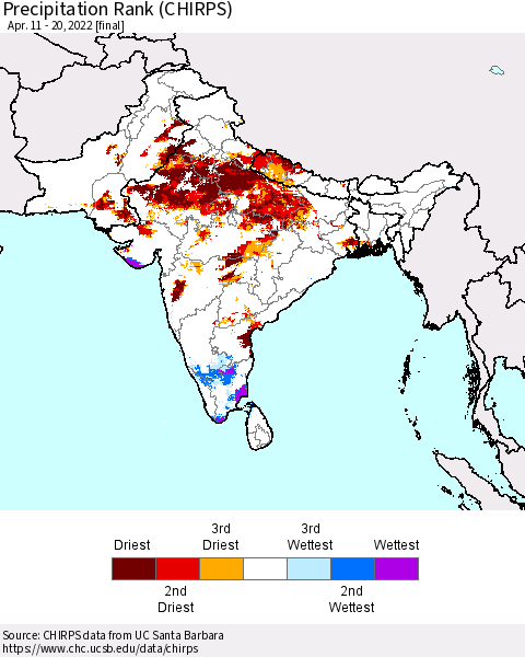 Southern Asia Precipitation Rank since 1981 (CHIRPS) Thematic Map For 4/11/2022 - 4/20/2022