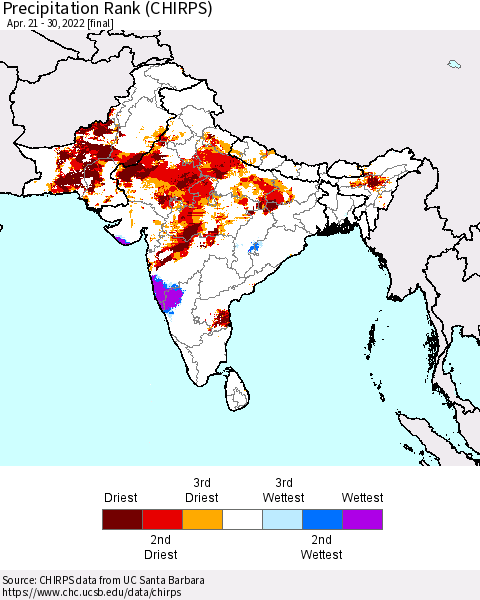 Southern Asia Precipitation Rank since 1981 (CHIRPS) Thematic Map For 4/21/2022 - 4/30/2022