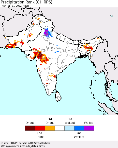 Southern Asia Precipitation Rank since 1981 (CHIRPS) Thematic Map For 5/21/2022 - 5/31/2022