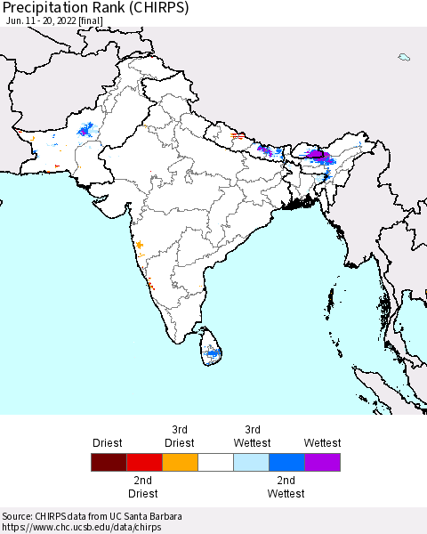 Southern Asia Precipitation Rank (CHIRPS) Thematic Map For 6/11/2022 - 6/20/2022