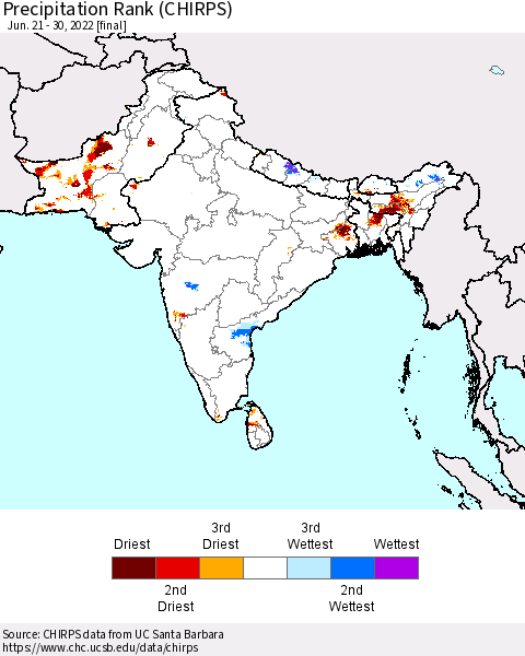 Southern Asia Precipitation Rank (CHIRPS) Thematic Map For 6/21/2022 - 6/30/2022