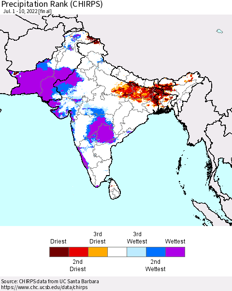 Southern Asia Precipitation Rank (CHIRPS) Thematic Map For 7/1/2022 - 7/10/2022