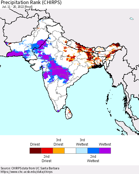 Southern Asia Precipitation Rank (CHIRPS) Thematic Map For 7/11/2022 - 7/20/2022