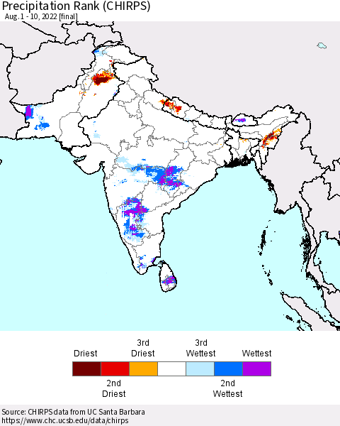 Southern Asia Precipitation Rank since 1981 (CHIRPS) Thematic Map For 8/1/2022 - 8/10/2022