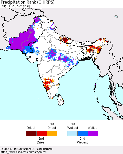 Southern Asia Precipitation Rank since 1981 (CHIRPS) Thematic Map For 8/11/2022 - 8/20/2022