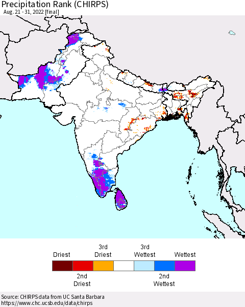 Southern Asia Precipitation Rank since 1981 (CHIRPS) Thematic Map For 8/21/2022 - 8/31/2022