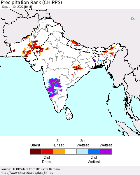 Southern Asia Precipitation Rank since 1981 (CHIRPS) Thematic Map For 9/1/2022 - 9/10/2022
