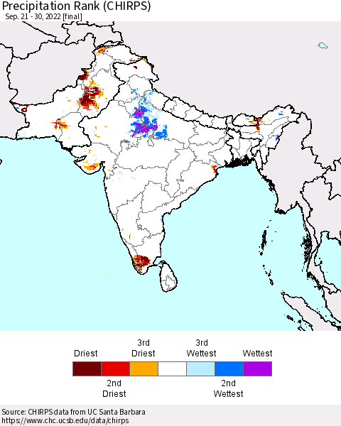 Southern Asia Precipitation Rank since 1981 (CHIRPS) Thematic Map For 9/21/2022 - 9/30/2022