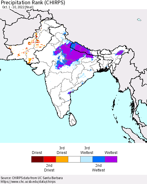Southern Asia Precipitation Rank (CHIRPS) Thematic Map For 10/1/2022 - 10/10/2022