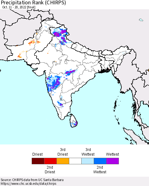 Southern Asia Precipitation Rank (CHIRPS) Thematic Map For 10/11/2022 - 10/20/2022