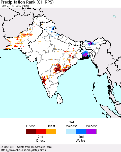 Southern Asia Precipitation Rank (CHIRPS) Thematic Map For 10/21/2022 - 10/31/2022
