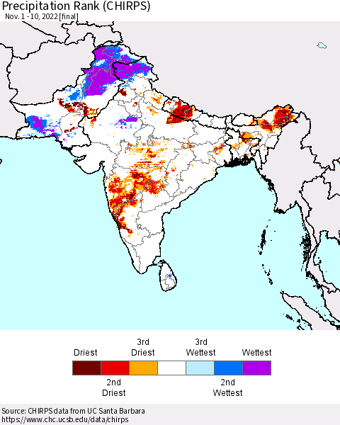 Southern Asia Precipitation Rank (CHIRPS) Thematic Map For 11/1/2022 - 11/10/2022