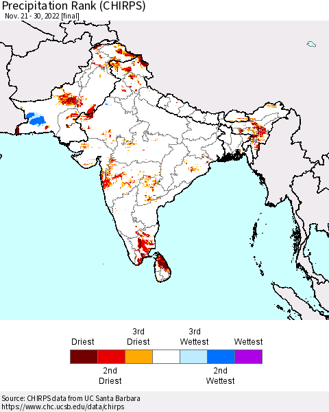 Southern Asia Precipitation Rank (CHIRPS) Thematic Map For 11/21/2022 - 11/30/2022