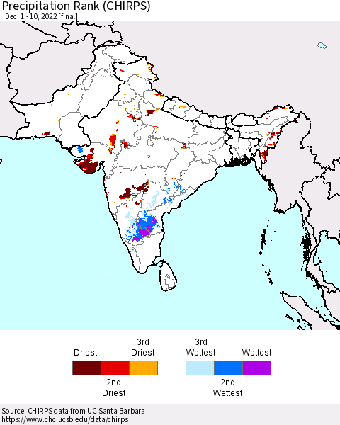 Southern Asia Precipitation Rank since 1981 (CHIRPS) Thematic Map For 12/1/2022 - 12/10/2022