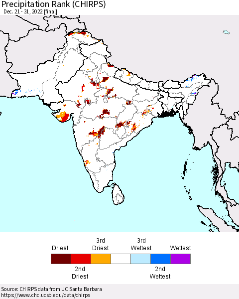Southern Asia Precipitation Rank (CHIRPS) Thematic Map For 12/21/2022 - 12/31/2022