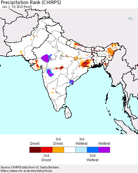 Southern Asia Precipitation Rank (CHIRPS) Thematic Map For 1/1/2023 - 1/10/2023