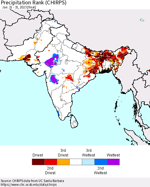 Southern Asia Precipitation Rank (CHIRPS) Thematic Map For 1/21/2023 - 1/31/2023