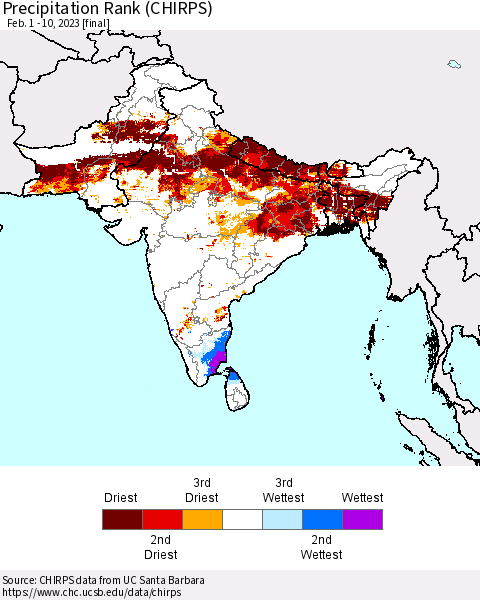 Southern Asia Precipitation Rank since 1981 (CHIRPS) Thematic Map For 2/1/2023 - 2/10/2023