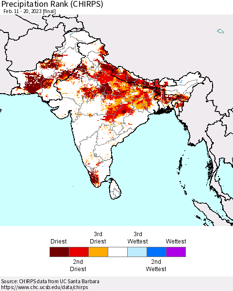 Southern Asia Precipitation Rank (CHIRPS) Thematic Map For 2/11/2023 - 2/20/2023