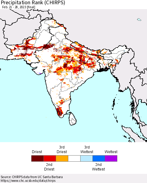 Southern Asia Precipitation Rank since 1981 (CHIRPS) Thematic Map For 2/21/2023 - 2/28/2023