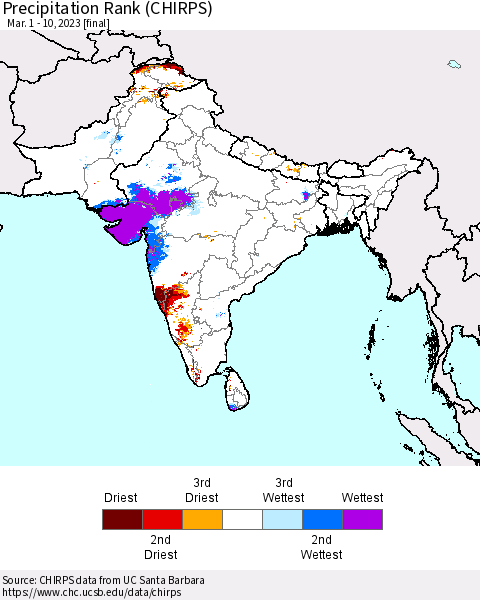 Southern Asia Precipitation Rank since 1981 (CHIRPS) Thematic Map For 3/1/2023 - 3/10/2023