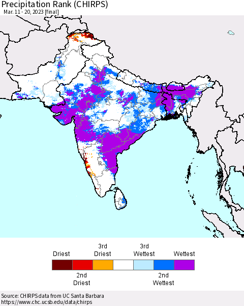 Southern Asia Precipitation Rank since 1981 (CHIRPS) Thematic Map For 3/11/2023 - 3/20/2023