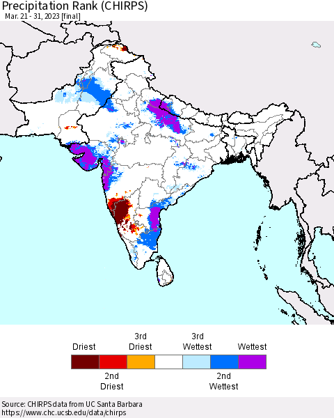Southern Asia Precipitation Rank since 1981 (CHIRPS) Thematic Map For 3/21/2023 - 3/31/2023