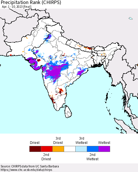 Southern Asia Precipitation Rank since 1981 (CHIRPS) Thematic Map For 4/1/2023 - 4/10/2023