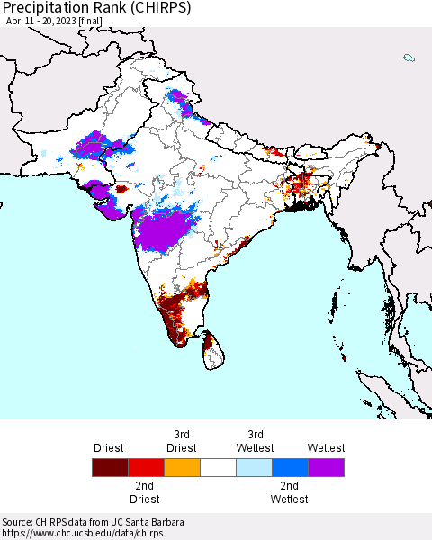 Southern Asia Precipitation Rank since 1981 (CHIRPS) Thematic Map For 4/11/2023 - 4/20/2023