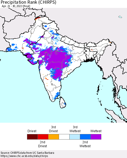 Southern Asia Precipitation Rank since 1981 (CHIRPS) Thematic Map For 4/21/2023 - 4/30/2023